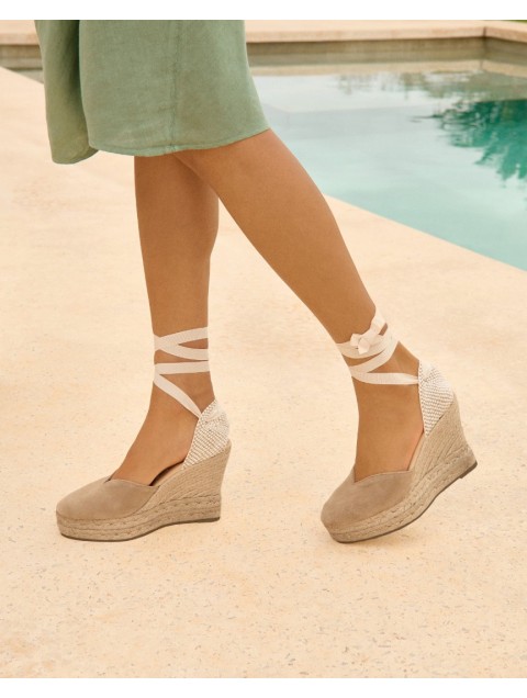 MANEBÌ Soft Suede Heart-Shaped Wedge Espadrilles Hamptons Taupe Ταμπά Σουέντ Γυναικείες Εσπαντρίγιες