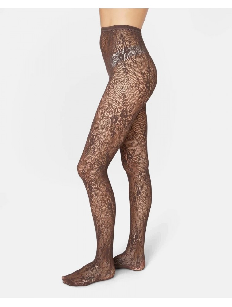SWEDISH STOCKINGS Rosa Lace Tights Dark Brown Σκούρο Καφέ Δαντελένιο Καλσόν